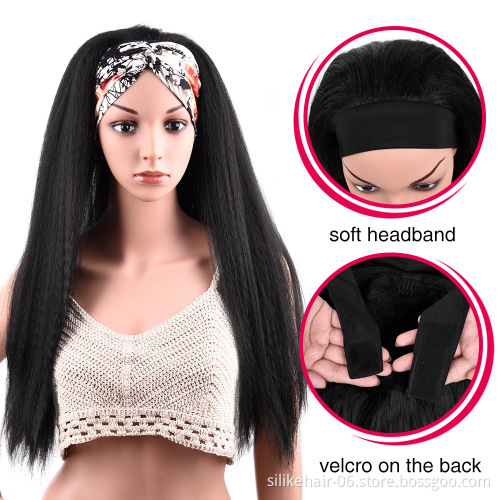 Silky 24 Inch Long Chic Style Kinky Straight Hair Headband Wig With Pre-attached Scarf Synthetic Yaki Straight Headband Wigs